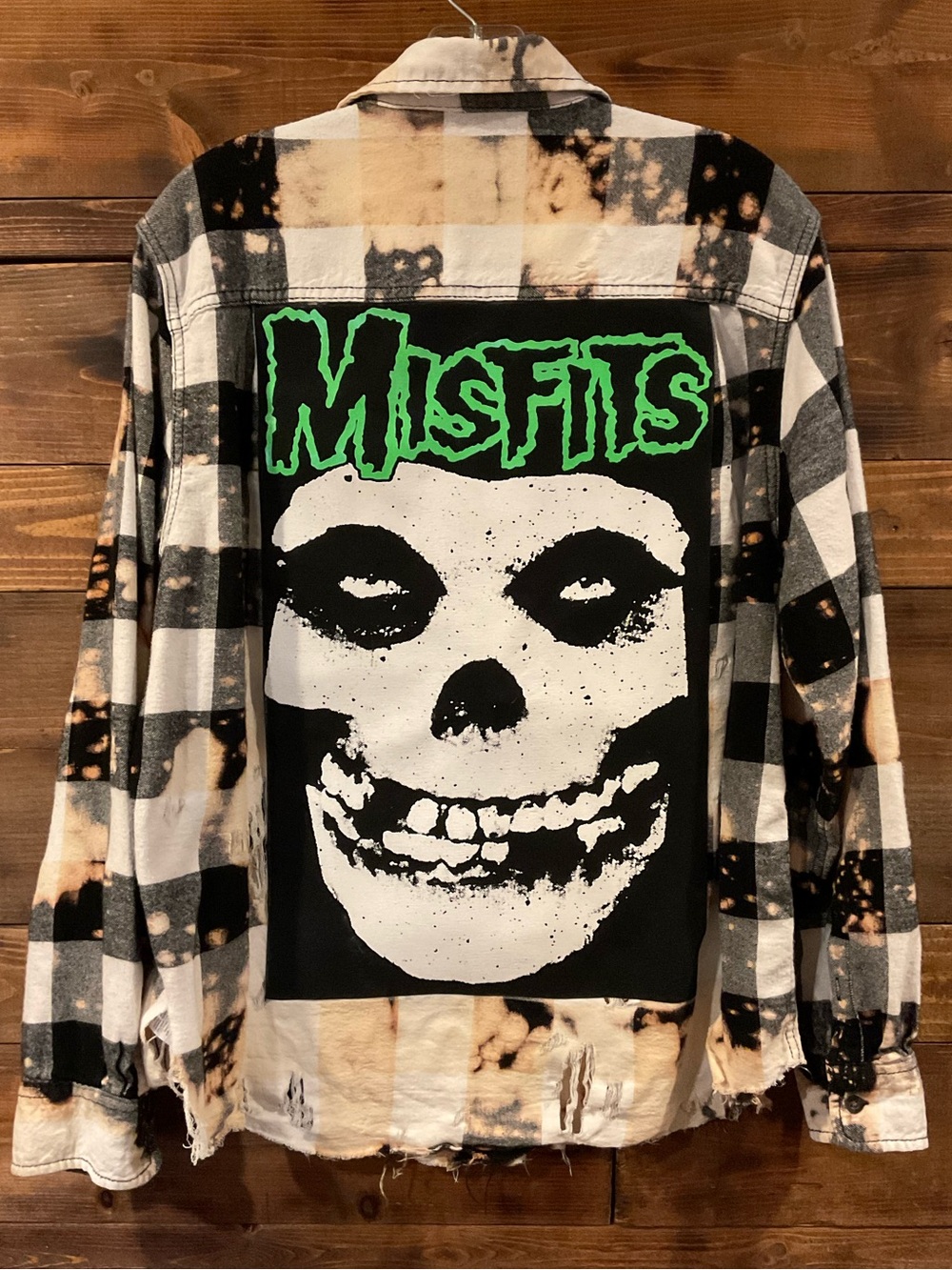 MISFITS Distressed Bleached Black & White Plaid Flannel Shirt Jacket XL